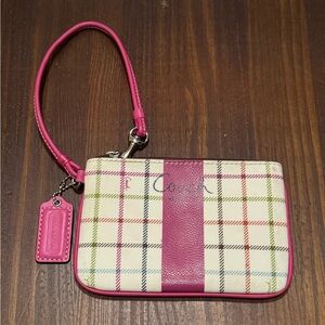 Coach Heritage Tattersall Plaid Fuchsia Zipper Wristlet Wallet Leather Trim